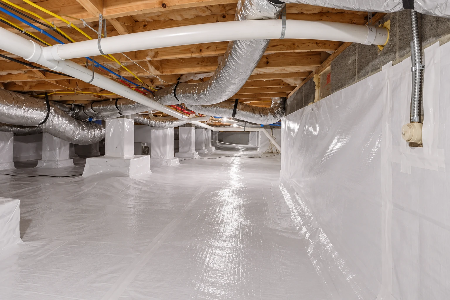 Crawl space lined with white vapor barrier on the floor and walls, beneath exposed joists, ducts and pipes.