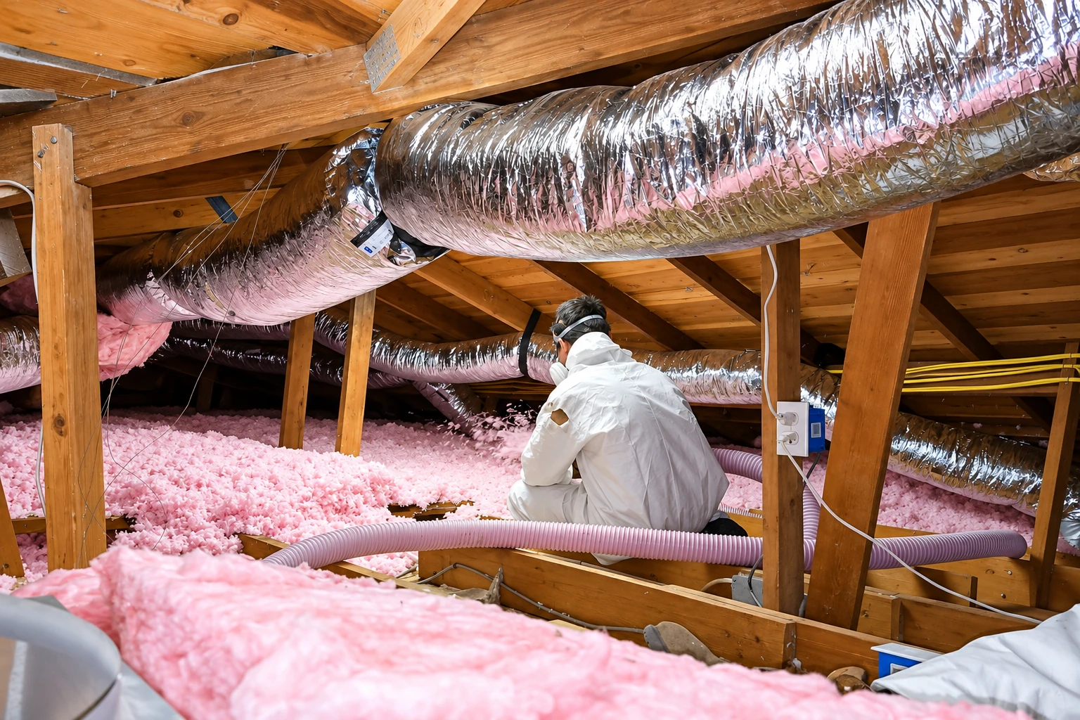 A worker in protective coveralls sits among pink attic insulation and ductwork, tending to a flexible hose.