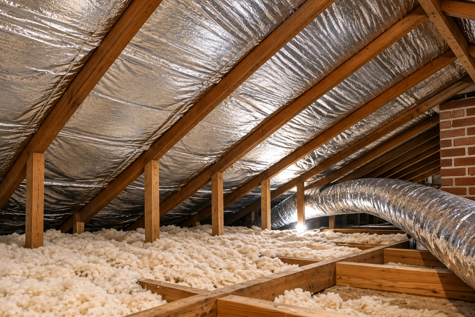 An attic has loose-fill insulation across the floor beneath foil-lined roof rafters, with a large flexible duct running through it.
