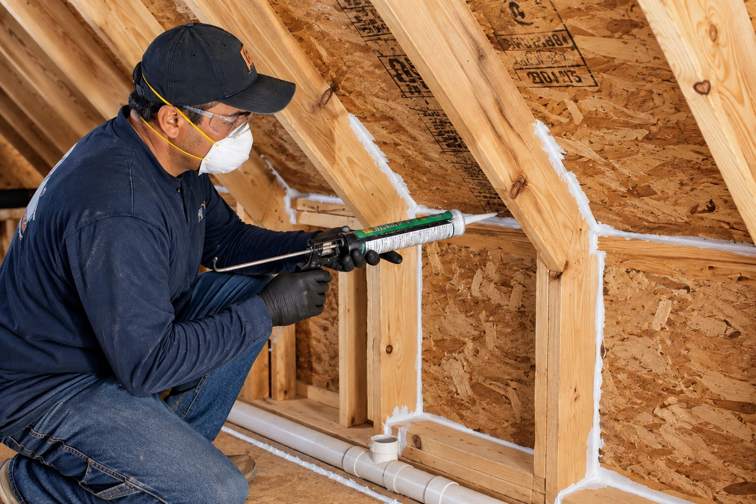 A masked worker applies sealant with a caulking gun along wooden framing in an unfinished attic.