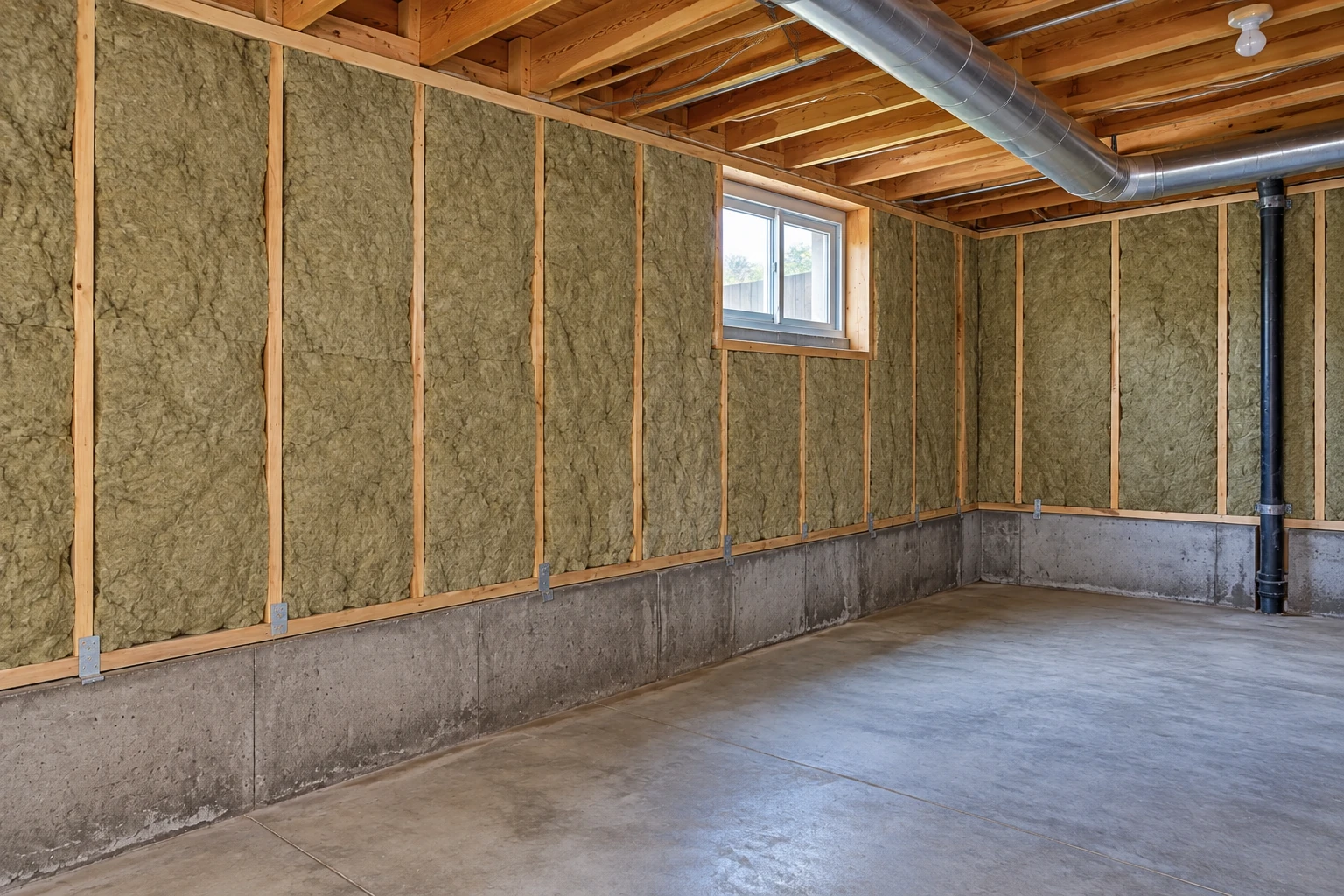 Basement with greenish batt insulation between wooden wall studs above a concrete foundation wall.