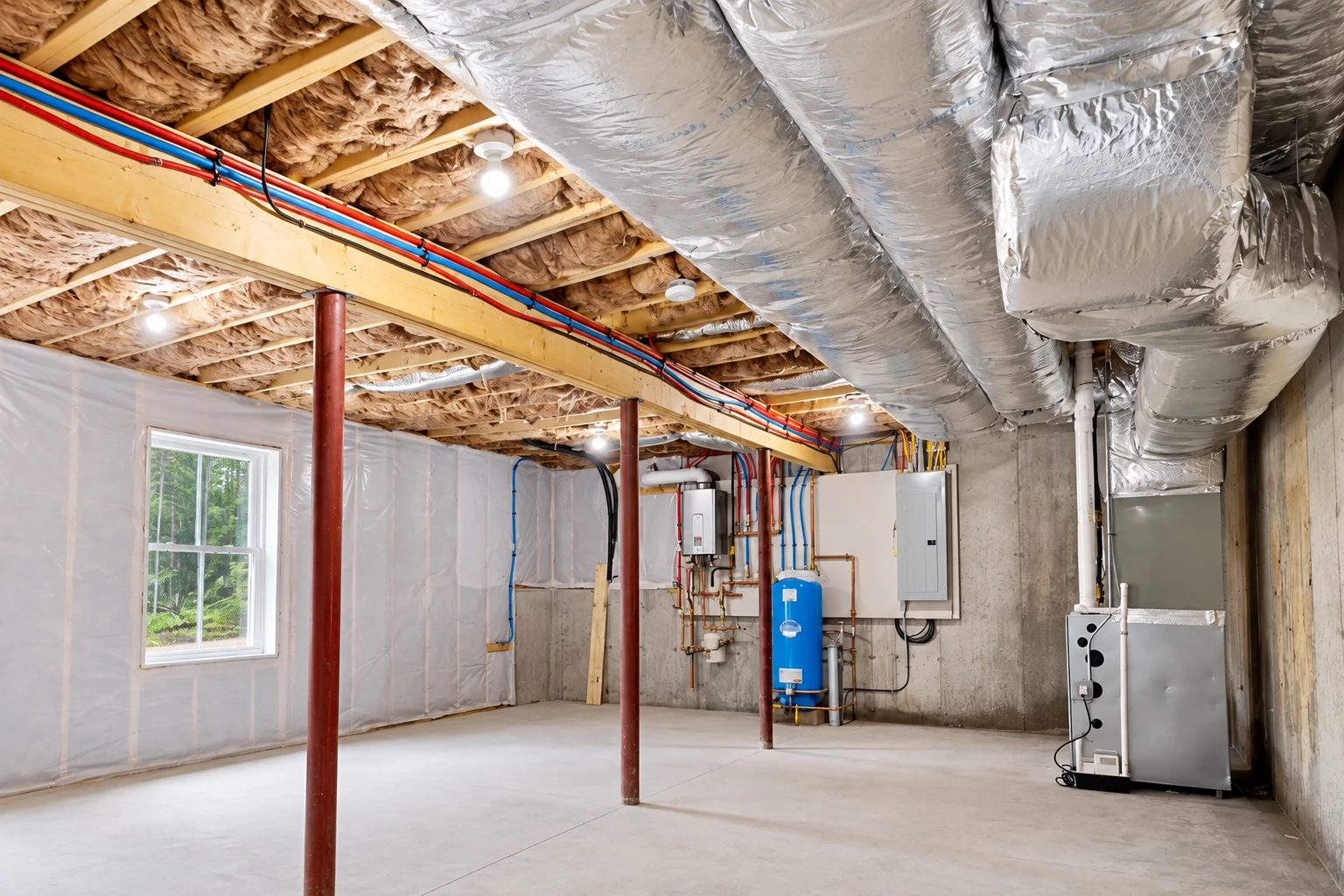Finished basement with exposed ceiling insulation, silver ductwork, red and blue pipes, utility equipment, and a concrete floor.