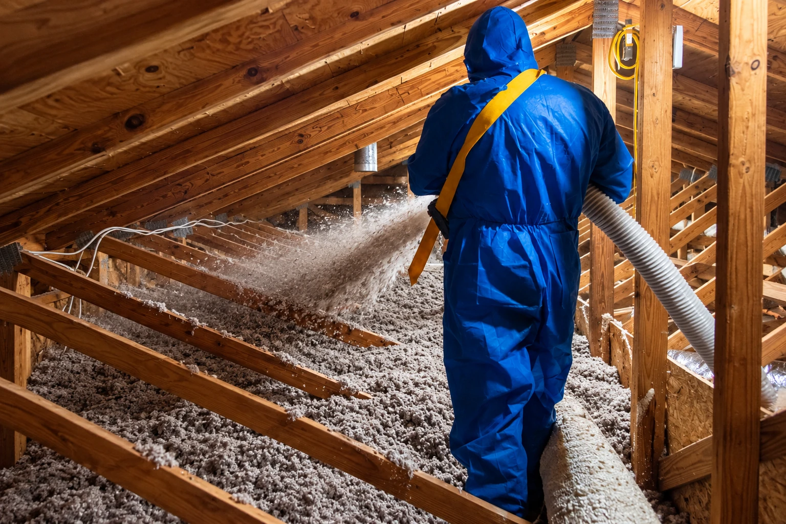 Worker in blue protective gear spreads loose-fill insulation across an attic floor using a hose.