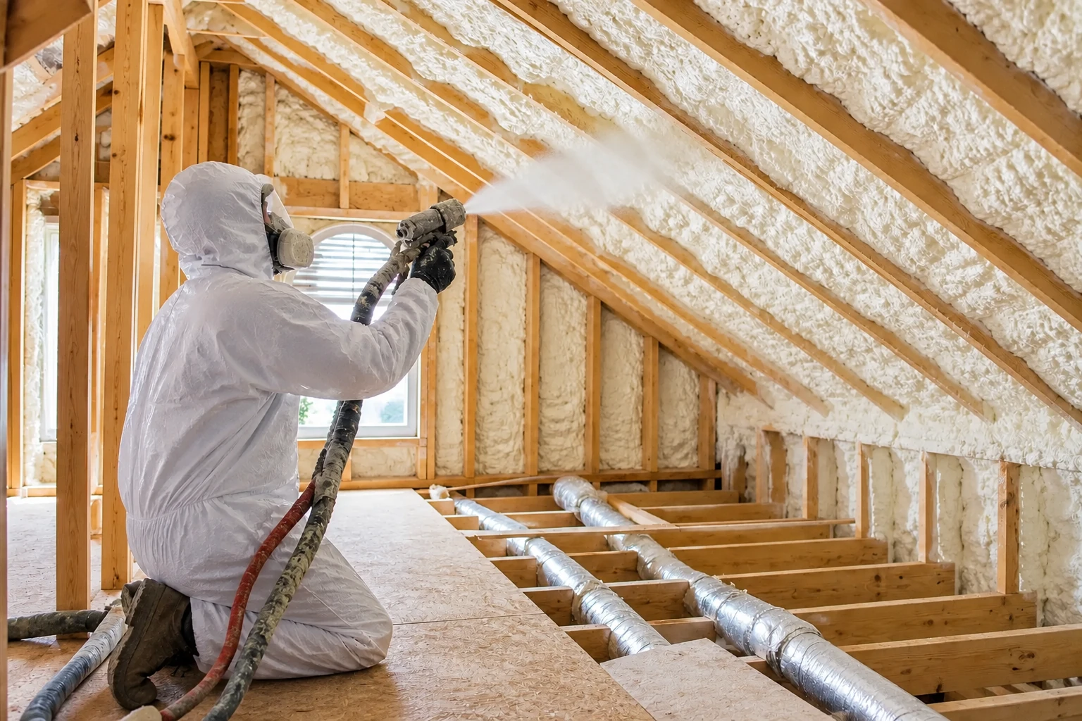 Worker in protective gear sprays foam insulation between the rafters of an unfinished attic.