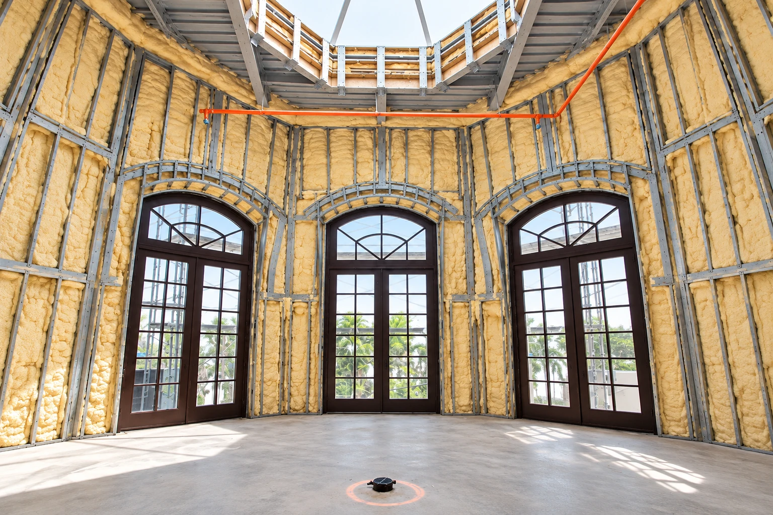 Yellow spray foam insulation fills the metal-framed walls of a spacious commercial room with tall arched windows.