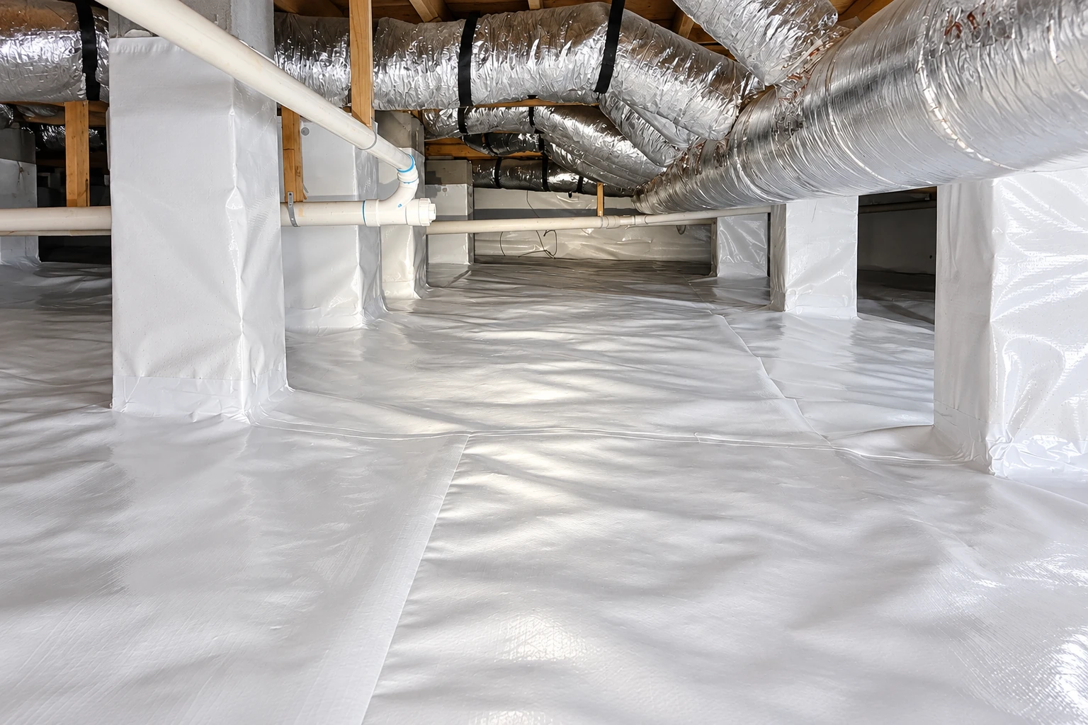 Crawl space with a white plastic vapor barrier covering the floor and support piers beneath silver ductwork.