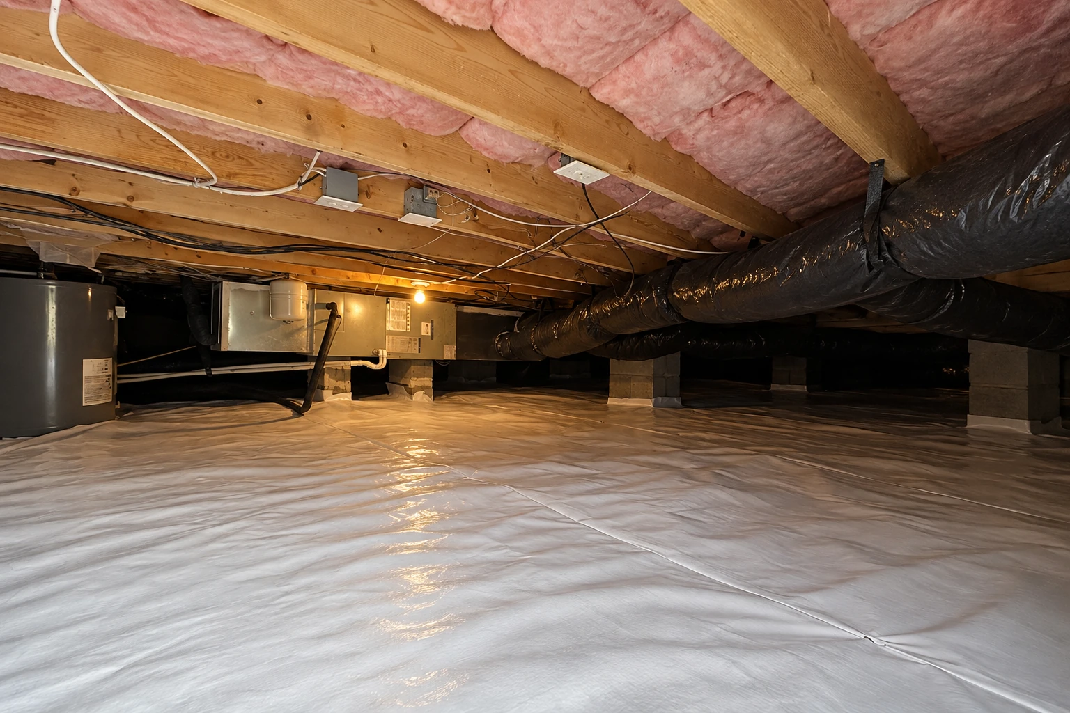 A crawl space has pink insulation between floor joists, black ductwork, and a reflective plastic vapor barrier across the floor.