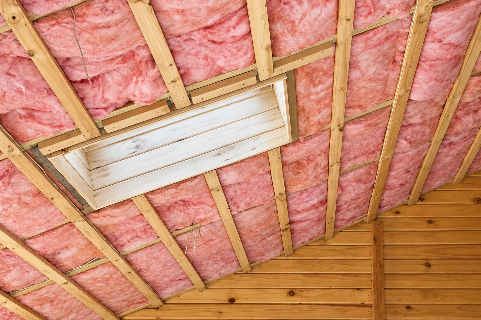 Pink insulation batts fill the roof rafters around a rectangular attic hatch.