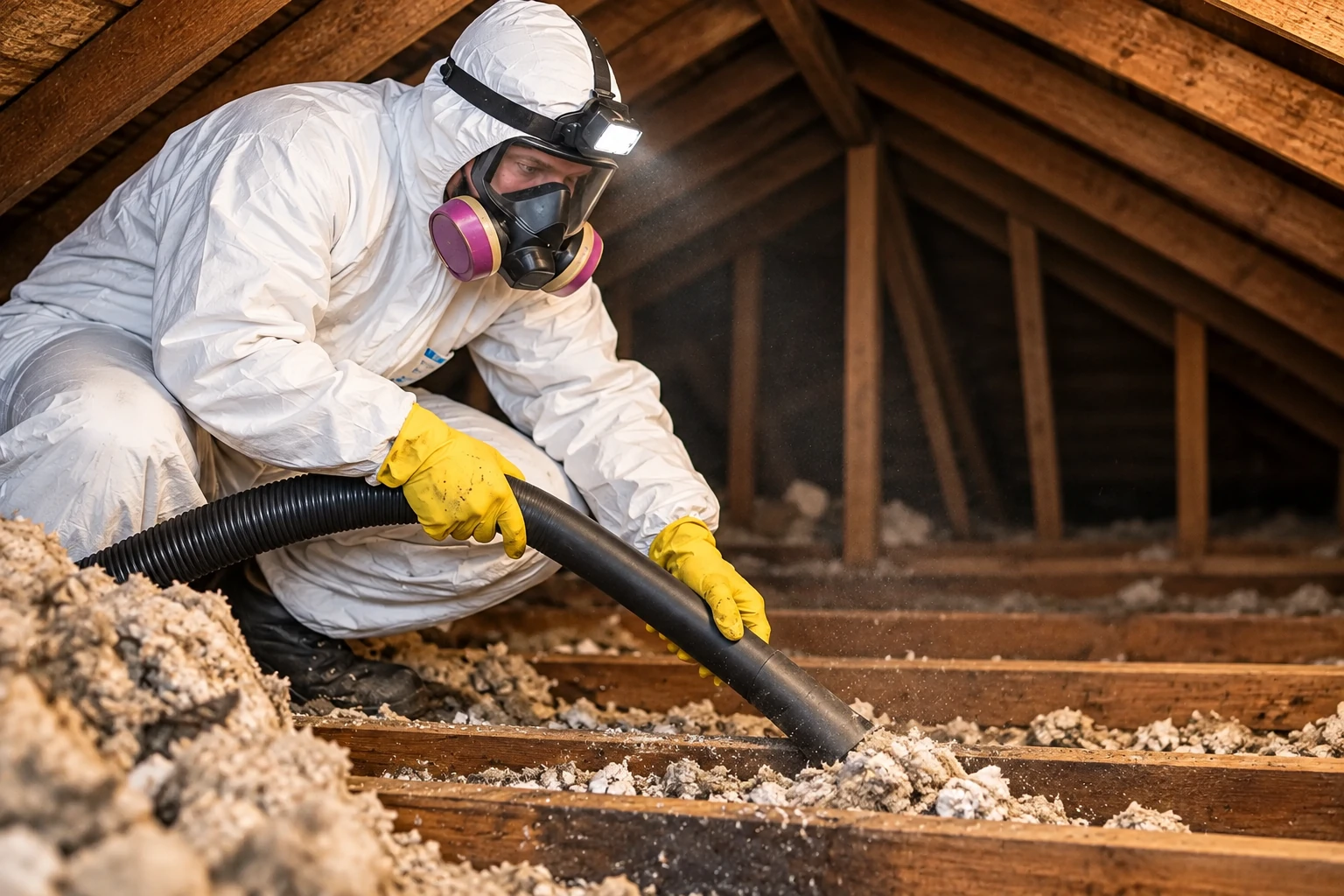 A worker in protective coveralls and a respirator vacuums loose attic insulation with a large hose.