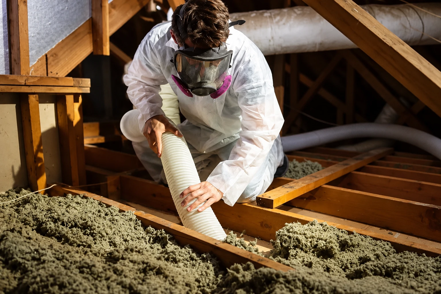 A worker in protective coveralls and a full-face respirator directs a hose into loose attic insulation between wooden joists.