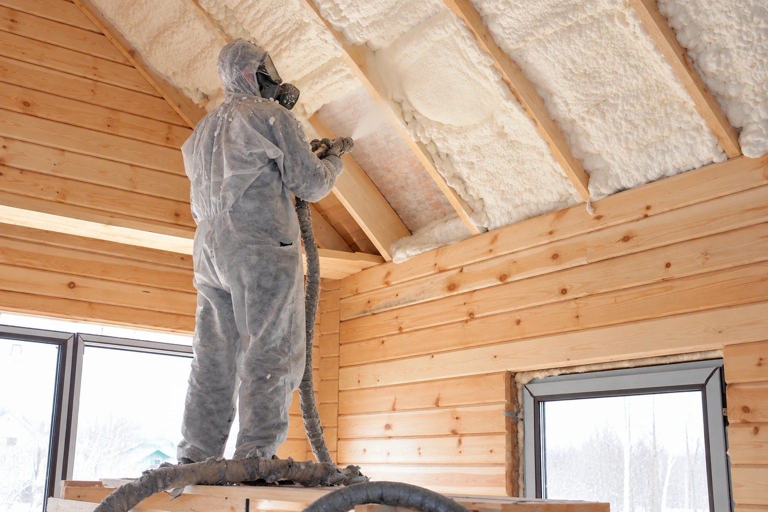 A worker in protective gear sprays white foam insulation between the exposed rafters of a wood-framed room.