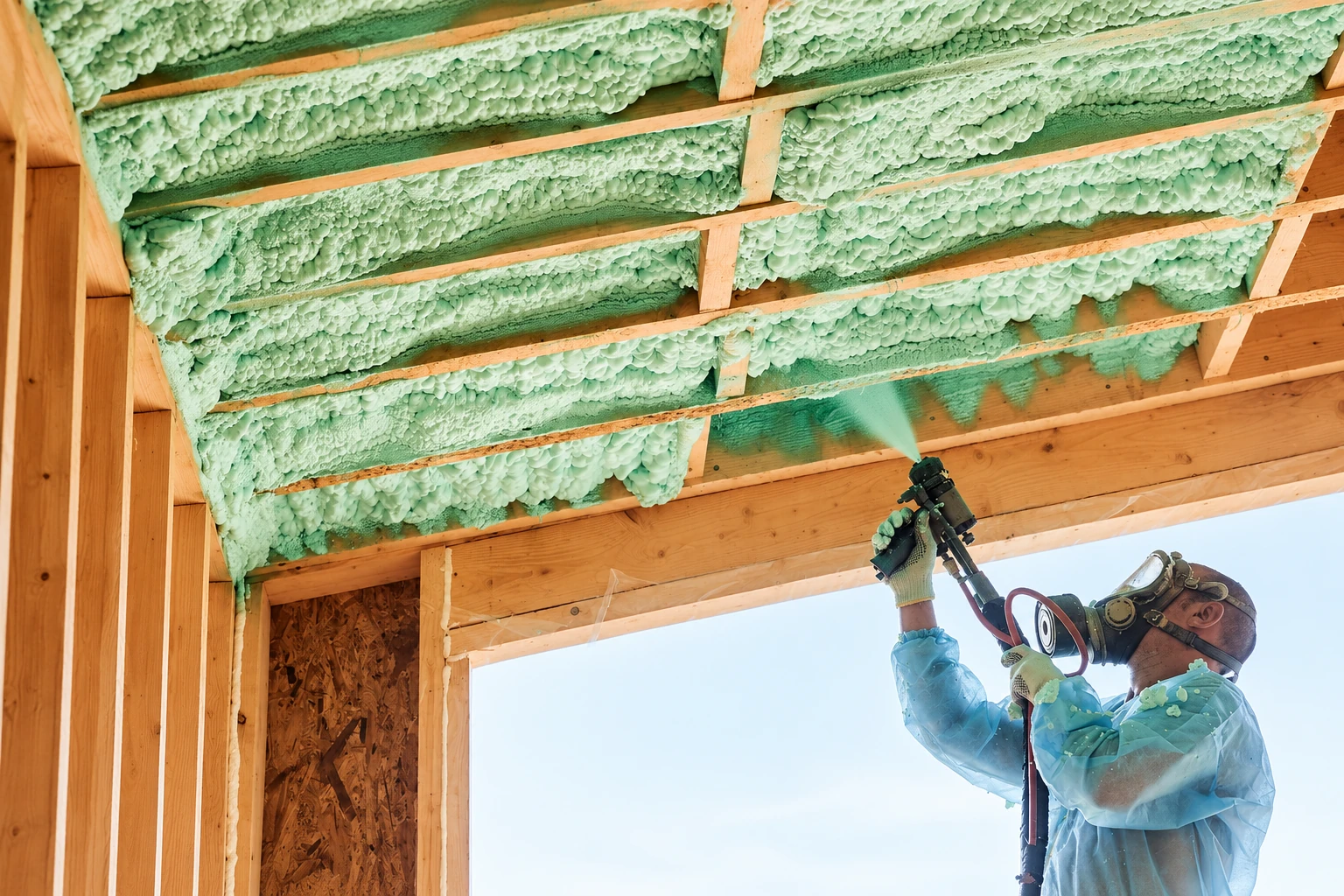 A worker sprays pale green open-cell foam into the underside of a wooden roof.