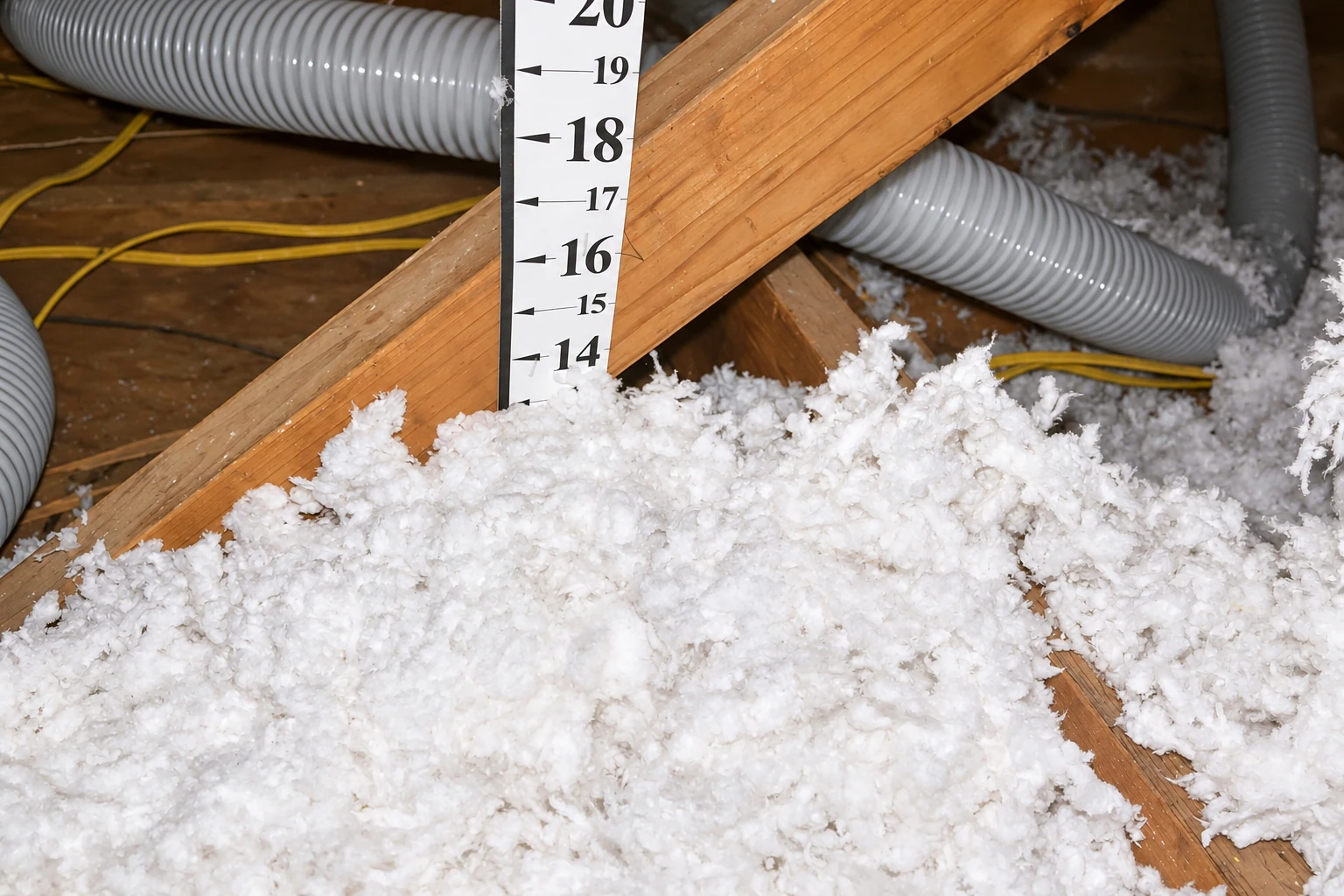 Loose white blown-in insulation fills an attic beneath wooden roof trusses, beside flexible ducts and a depth ruler.
