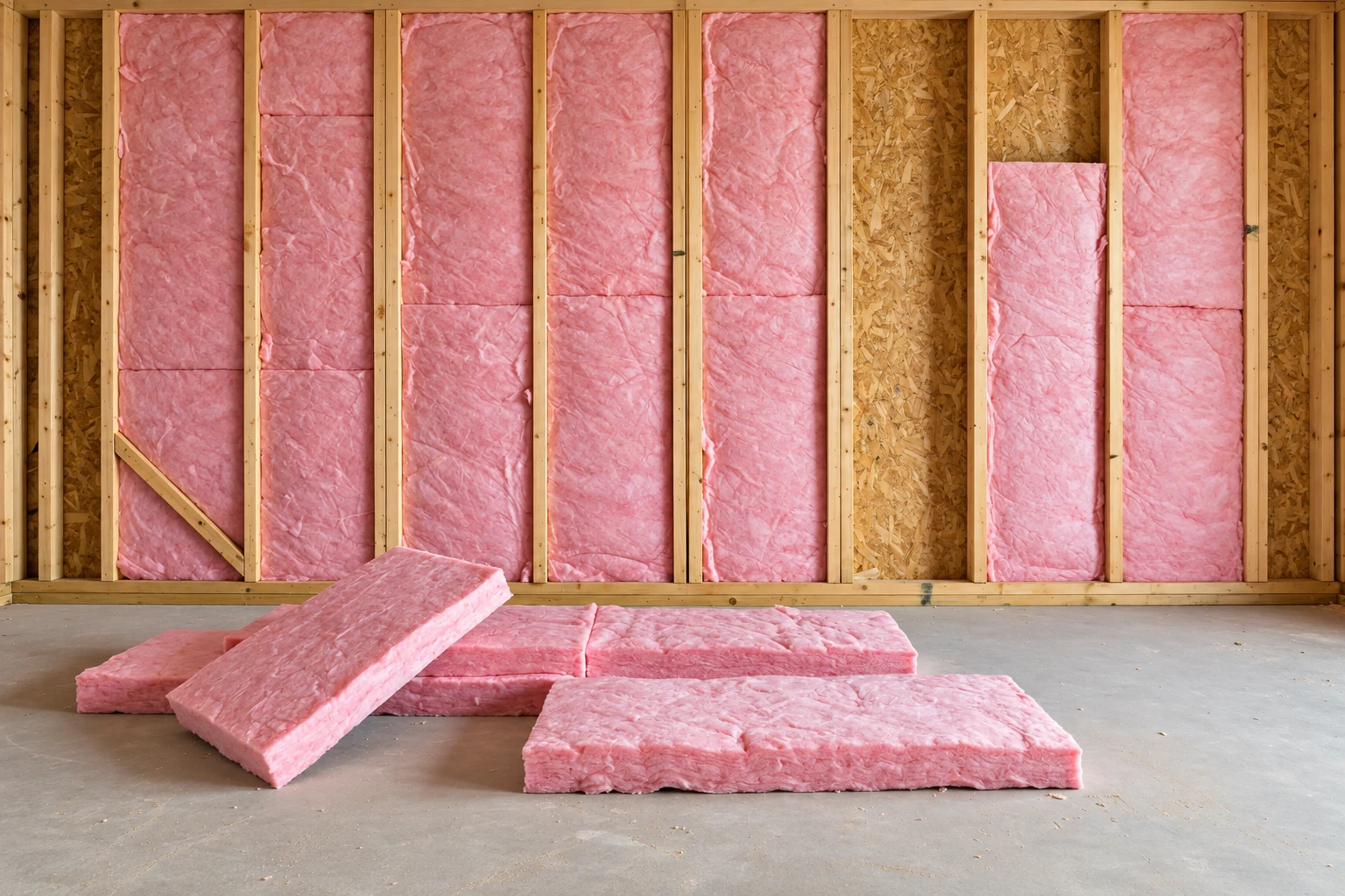 Pink fiberglass batts fill several wall cavities, with additional insulation batts stacked on the floor.
