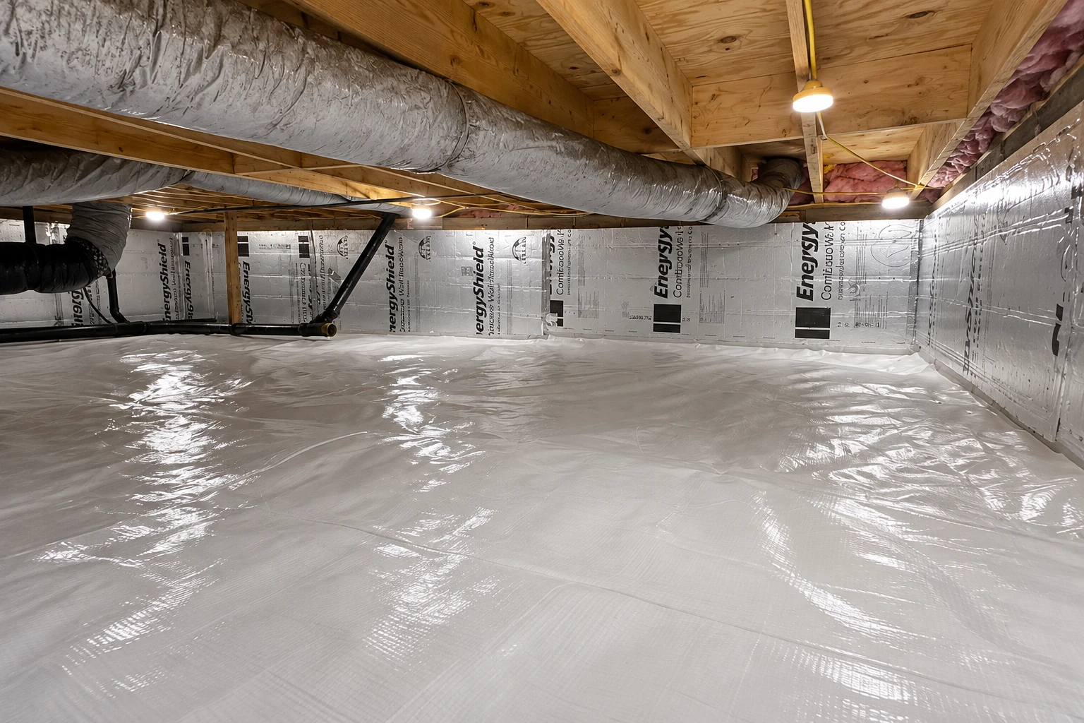 A crawl space shows reflective vapor barrier covering the floor and walls beneath exposed joists and ductwork.