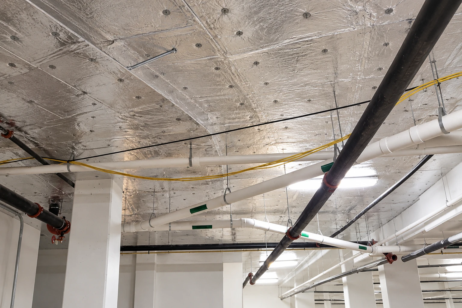 Reflective vapor barrier covers a basement ceiling crossed by white and black pipes and yellow cables.