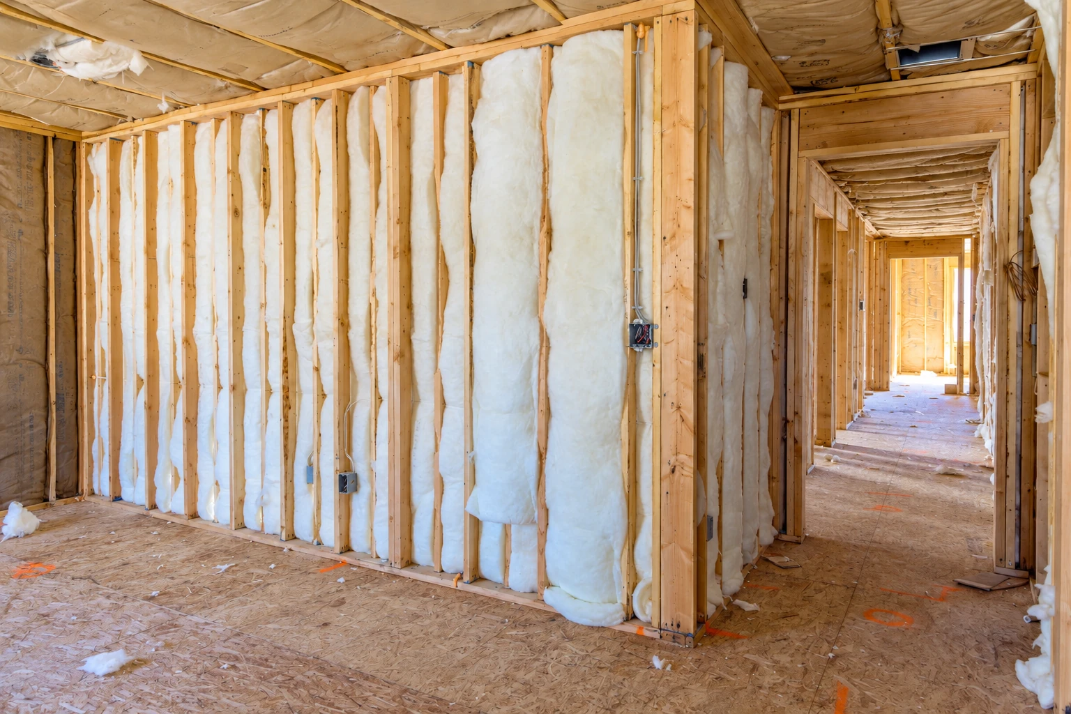 Unfinished interior with white batt insulation fitted between wooden wall studs and exposed ceiling joists.