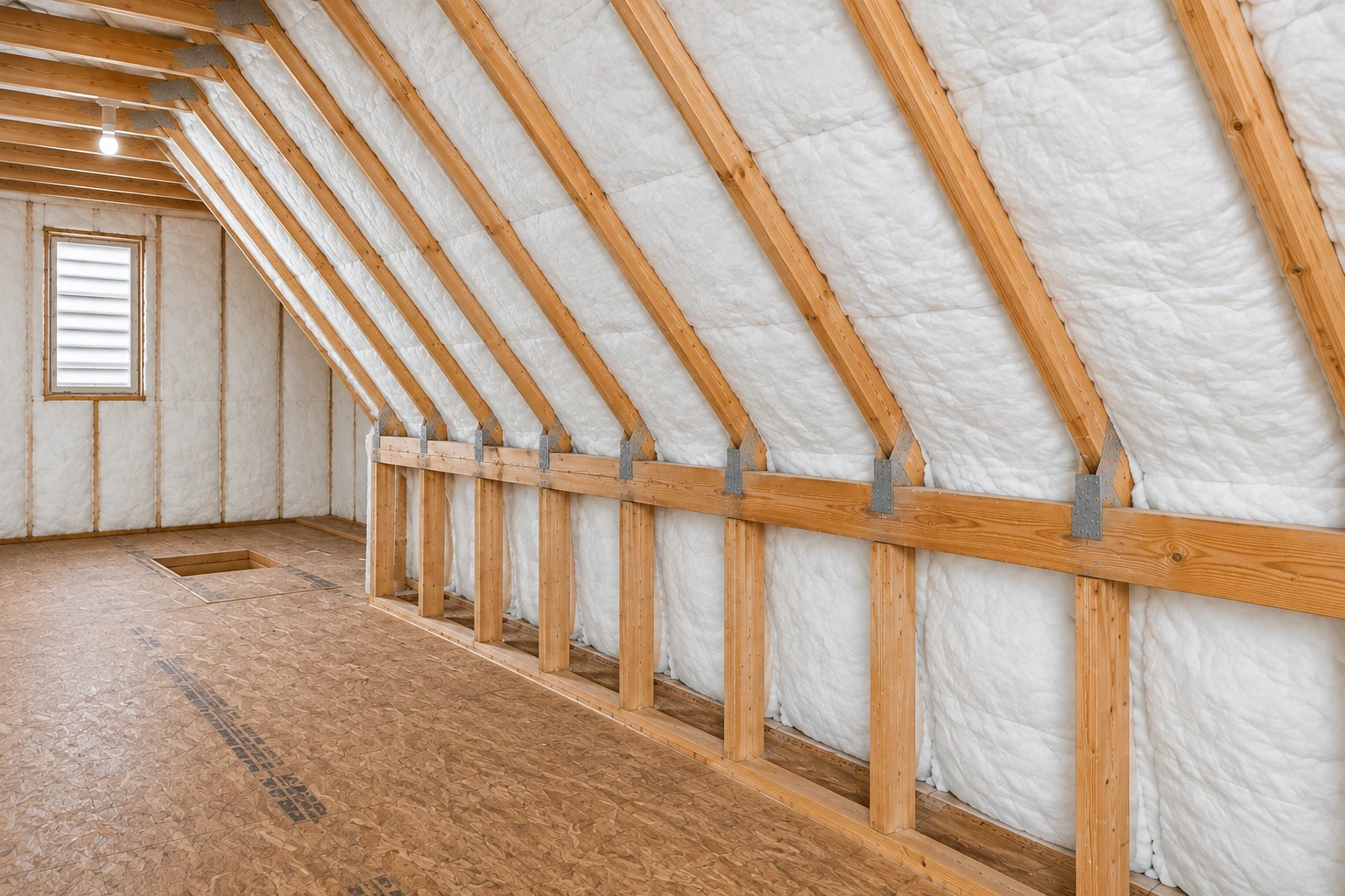 Unfinished attic with white insulation filling the sloped wall cavities between exposed wooden rafters.